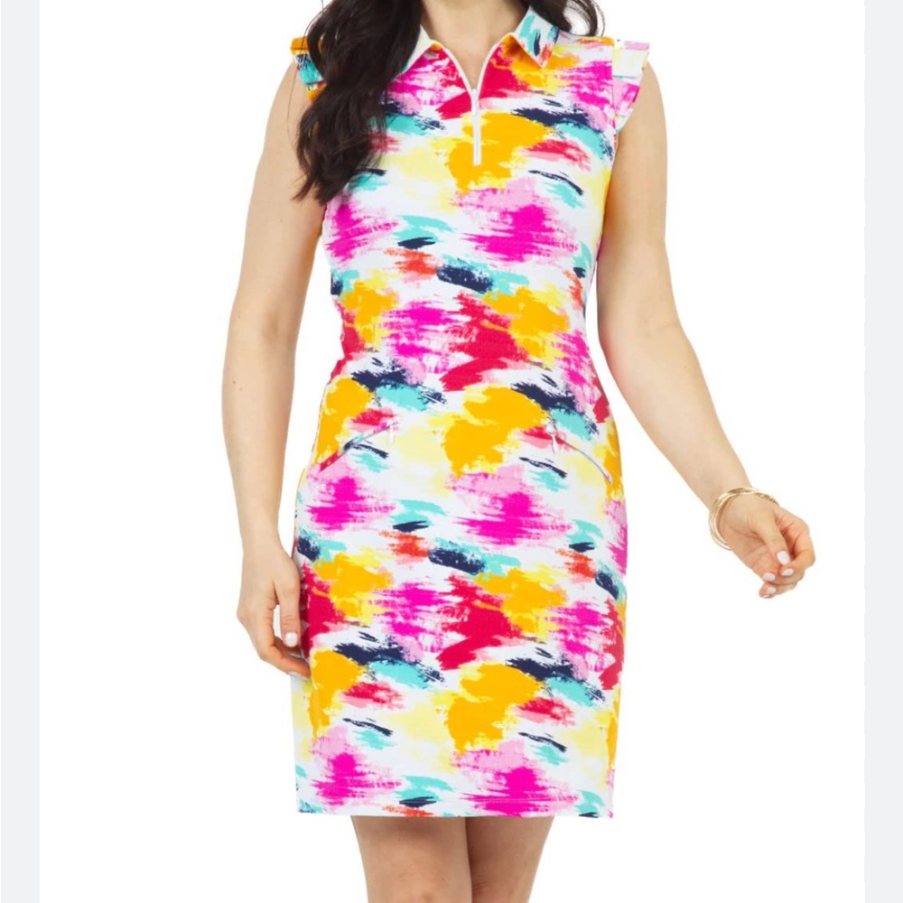 IBKUL Matilda Ruffle Sleeveless Polo Golf Dress Multicolor